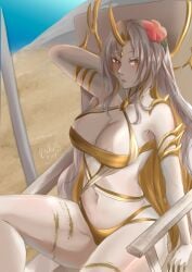 1girls adapted_costume alternate_costume areola_slip areolae arm_behind_head armpits bare_arms bare_legs bare_midriff bare_thighs beach beach_chair bikini black_bikini black_swimsuit blonde_hair breasts chair cleavage colored_inner_hair female female_only fire_emblem fire_emblem_heroes flower gold_bikini gold_swimsuit grey_hair gullveig_(fire_emblem) gullveig_(summer)_(fire_emblem) hair_flower large_breasts legs long_hair looking_at_viewer mature mature_female midriff multicolored_hair nail_polish navel nintendo official_alternate_costume outdoors pale-skinned_female pale_skin parasol rinku_bny single_horn sitting solo swimsuit thick_thighs thighs umbrella very_long_hair white_bikini white_swimsuit yellow_eyes yellow_hair yellow_nails