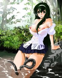 1girls anns_garden areolae bare_shoulders blush bottomless breasts censored creature_inside eel eel_in_pussy eel_insertion eels female fish_in_pussy fish_insertion fuchida_kyou green_eyes green_hair hairband large_breasts live_insertion living_insertion long_hair looking_at_viewer nipples no_panties open_clothes parted_lips partially_submerged penetration solo standing_in_water unbirthing vaginal_penetration water wet zoophilia