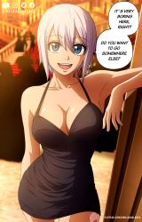 1girls bare_arms bare_shoulders bare_thighs big_breasts black_dress blue_eyes bob_cut busty cleavage dialogue doorway english_text eye_contact fairy_tail female female_focus female_only hi_res high_resolution highres hips indoors inner_sideboob jpeg large_breasts light-skinned_female light_skin lisanna_strauss looking_at_viewer medium_hair open_mouth pale-skinned_female pale_skin party pinup pose posing pov pov_eye_contact public short_dress shoulder_length_hair skimpy skimpy_clothes skimpy_dress sleeveless_dress smile smiling smiling_at_viewer solo solo_female solo_focus speech_bubble standing text thighs vash_over very_high_resolution voluptuous voluptuous_female white_hair wide_hips