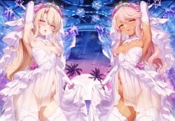 2girls age_difference armpits arms_up bangs bare_shoulders blonde_hair blush breasts bridal_veil cameltoe chloe_von_einzbern clothing crown dark-skinned_female dark_skin dress elbow_gloves fate/grand_order fate/kaleid_liner_prisma_illya fate_(series) female female_only flat_chest flat_chested flower garter_straps grin hair_ornament headdress headwear heart-shaped_pupils high_resolution honeymoon horny horny_female illyasviel_von_einzbern jewelry lactation legwear licking_lips light-skinned_female light_skin lingerie long_hair looking_at_viewer m-da_s-tarou milk navel nipples open_clothes open_mouth orange_eyes pantsu partially_nude pink_hair pregnant prisma_illya pussy pussy_juice ready_for_sex red_eyes revealing_clothes see-through see-through_clothing sisters size_difference small_breasts small_female smaller_female smile smug starry_sky stomach_tattoo tagme tattoo thick_thighs thighhighs thighs tongue tongue_out transparent_clothing underwear veil wedding_dress wedding_ring wedding_veil white_dress white_gloves white_hair white_legwear white_panties white_thighhighs white_underwear wife young young_female young_girl young_woman younger_female