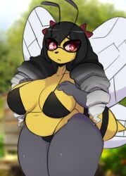 1girls 2024 abdomen antennae anthro anthro_only anthrofied bee beedrill big_breasts bikini black_bikini black_hair bow breasts chubby chubby_female female furry furry_only glasses hairbow hand_on_breast iamkat95 insect long_hair pokeharlot pokemon pokemon_(species) shy solo stinger tagme thick_thighs two_tone_body two_tone_hair wings yellow_skin