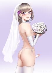 1boy 1femboy ? blush boquet bride choker cute cute_male earrings erect_penis femboy femboy_focus femboy_only flower_in_hair flowers girly grey_hair ikemeru19 light_skin lingerie male male_focus male_only male_symbol original original_character penis penis_clothing purple_eyes sleeves stockings thong wife