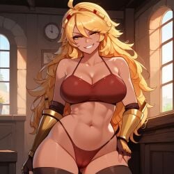 1girls abs ahoge ai_generated arm_guards bikini blaze_(minecraft) blonde_hair bra cameltoe clock gold_armwear hair_clips house indoors long_blonde_hair looking_at_viewer medium_breasts minecraft mob_talker panties red_bikini smirk smirking smirking_at_viewer solo suggestive_look tan_body thiccwithaq_(ai_style) thick_thighs thighhighs toned toned_female wide_hips window yellow_eyes