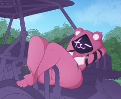 :3 ass ass barefoot breasts breasts bushes chilling cute cute_face day feet female female_only fortnite furry furry_only golf_cart hips_wider_than_shoulders michelledb paws pink_body pink_eyes pink_fur raven_team_leader relaxing thick_ass thick_legs thick_thighs thighs thighs_together underbutt wide_hips