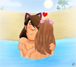 bea_koretkii beach beagothic_(artist) beaver_ears cat_ears furry hug humanoid ibispaintx nude oc pinky_anderson_(character) tagme water