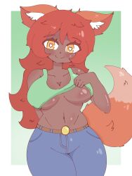 big_breasts cloudfall female fox_ears fox_girl fox_tail green_shirt heart-shaped_pupils jeans looking_at_viewer re-logic shirt_lift smile teasing terraria thick_thighs wide_hips zoologist_(terraria)