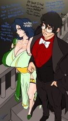 1boy 1girls big_breasts black_hair blue_hair daphne_greengrass dialogue dress elegant_dress english_text fakeryway female glasses green_lipstick harry_james_potter harry_potter hi_res long_hair male pleasure_castle round_glasses suit tagme