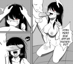 1girls big_breasts blowjob chainsaw_man cum_in_mouth deepthroat elferdiartnsfw licking mitaka_asa nipples penis penis_on_face red_eyes scar spanish_text tongue_out yoru_(chainsaw_man)