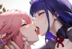 ai_generated friends_with_benefits genshin_impact hoyoverse lesbian_kiss pink_hair purple_hair raiden_shogun saliva sanky yae_miko yuri