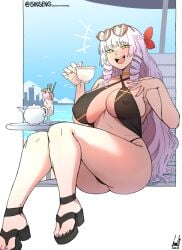 beach bikini black_swimsuit curvy_female drill_hair eyewear_on_head ginseng_(artist) glasses green_eyes heart_shaped_sunglasses huge_ass huge_breasts kodou-sama(cownon) lavender_hair ohoho_laugh ojou-sama ojou-sama_pose one-piece_swimsuit smile sunglasses tea_cup