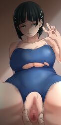 1boy averting_eyes black_hair blue_one-piece_swimsuit blunt_bangs breasts censored closed_mouth clothing_cutout code_null commission crotch_cutout cut_bangs embarrassed female hair_ornament hairclip highres kirigaya_suguha large_breasts mosaic_censoring one-piece_swimsuit paid_reward_available pussy school_swimsuit short_hair simple_background sitting skeb_commission solo_focus spread_legs swimsuit sword_art_online tears torn_clothes torn_swimsuit underboob v