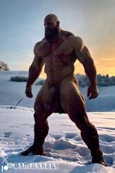 1boy ai_generated aimuscles bald bald_man bara beard big_penis completely_naked completely_nude completely_nude_male daddy dilf facial_hair god_of_war kratos large_penis looking_at_viewer male male_focus male_only mature_male muscles muscular muscular_arms muscular_ass muscular_back muscular_legs naked naked_male nature nature_background nude nude_male older_male outdoor_nudity outdoors penis public public_exposure red_markings snow snowy_background winter