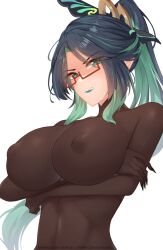 1girls areolae big_breasts blue_hair bodysuit breasts crossed_arms female genshin_impact glasses large_breasts lipstick multicolored_hair nipple_outline nipples nipples_visible_through_clothing pinkius solo solo_female teal_eyes teal_hair xianyun_(genshin_impact)