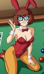 ai_generated ass bigmic145 breasts bunny_ears bunny_girl bunny_tail bunnysuit cartoon_network casino orange_pantyhose pantyhose playboy_bunny red_hair scooby-doo scooby-doo!_mystery_incorporated shoes velma_dinkley velma_dinkley_(mystery_incorporated)