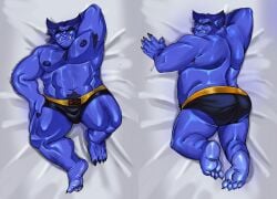 anthro ass balls bara beast_(x-men) blue_body blue_fur bulge dakimakura flaccid furry hand_behind_head hank_mccoy lying_on_back lying_on_stomach male male_only marvel marvel_comics muscles muscular notsafesaisio penis solo solo_male x-men