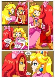 2girls bbmbbf blonde_hair comic duo female female/female female_only kissing mario_(series) nintendo page_16 palcomix pink_dress princess_peach red_hair tagme undressing wendy_o._koopa yuri