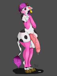 2015 androgynous anthro balls big_balls bovine bridal_gauntlets cattle clothing cow cow_ears cow_horns cow_tail cowbell femboy girly gloves grey_background hair horn hourglass_figure huge_cock humanoid_penis hyper hyper_balls hyper_penis laiche legwear looking_at_viewer male mammal penis precum simple_background solo standing suirano testicles thick_thighs trap vein voluptuous wide_hips