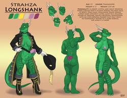 1girls anthro boots claws dragon erection expressions feathers flaccid full-length_portrait full_length futanari glove gloves green_skin hat head_grab hi_res highres horn horns huge_cock humanoid_penis hyper_penis iggi intersex lizard model_sheet muscular penis pirate pirate_captain portrait ring rings scalie scar solo standing strahza_longshank testicles text western_art