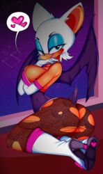 animal_ears anthro ass bat bat_wings blue_eyes boots breasts clothes eyeshadow female footwear high_heels kneeling large_breasts leotard pantyhose puuzo rouge_the_bat smile solo sonic_(series) tail tesuai torn_clothes torn_pantyhose white_hair wings