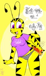 anthro arthropod bee dunwichdaddy female greta_(dunwichdaddy) insects milkshake panties pink_eyes shirt spank stinger striped_body underwear