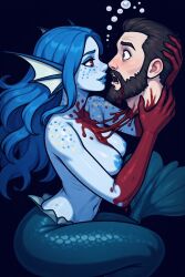 ai_generated beard blood blood_stain blue_hair blue_skin breasts brown_hair bubbles color death decapitated_head eye_contact fantasy female fins freckles gore guro light-skinned_male looking_at_another male male/female mermaid mermaid_tail naked naked_female nipples nude nude_female oc original original_character red_eyes self_upload shocked_expression siren snuff underwater