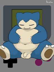 anthro balls claws closed_eyes flaccid foreskin game_boy game_boy_family generation_1_pokemon genitals hi_res humanoid_genitalia humanoid_penis male male_only nintendo overweight overweight_male pawsta penis pokemon pokemon_(species) sitting sleeping snorlax solo