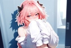 1boy a1exwell ai_generated astolfo_(fate) blush covering_mouth embarrassed fate/grand_order fate_(series) femboy hoodie looking_away sleeves_past_wrists stable_diffusion stockings thighhighs