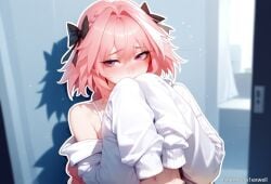 1boy a1exwell ai_generated astolfo_(fate) blush covering_mouth embarrassed fate/grand_order fate_(series) femboy hoodie looking_away sleeves_past_wrists stable_diffusion