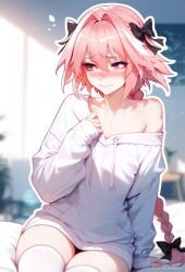 1boy a1exwell ai_generated astolfo_(fate) blush embarrassed fate/grand_order fate_(series) femboy hoodie off_shoulder sleeves_past_wrists stable_diffusion stockings thighhighs thong