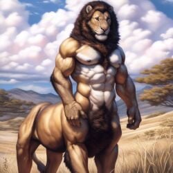 1boy 2024 abs ai_generated anthro athletic athletic_male avaru biceps black_nipples clawed_fingers claws felid feline feline_humanoid feline_taur fur furry humanoid landscape lion lion_taur male male_focus male_only mammal mane mountain multicolored_body multicolored_fur muscular muscular_male nature nature_background navel nipples nude nude_male pink_nose savanna scar solo taur tuft tufted_fur