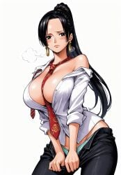 ai_generated alluring almost_naked almost_nude big_boobs big_breasts black_eyes black_hair black_legwear blush boa_hancock boobs breasts breasts_visible_through_clothing earring earrings embarrassed embarrassed_female female female_only long_hair looking_at_viewer necktie necktie_between_breasts office_clothing one_piece ponytail seducing seduction seductive seductive_body seductive_eyes seductive_gaze seductive_look seductive_mouth seductive_pose seductive_smile shiny_hair shiny_skin skin_tight snake_earrings steamy_breath thick_thighs underwear voluptuous voluptuous_female white_shirt yashin