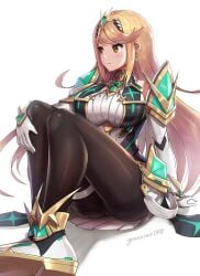 1girls big_breasts blonde_hair core_crystal dress gloves gonzarez leggings mythra nintendo shoes xenoblade_(series) xenoblade_chronicles_2 yellow_eyes