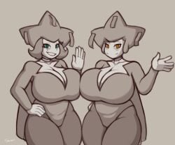 2girls big_breasts breasts duo female female_only freepancakes game_freak huge_breasts jirachi mature_female nintendo pokemon pokemon_rse thick_ass waving_at_viewer