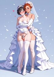 1girl1boy 2d ai_generated chastity_cage embarrassed femboy futanari hi_res hugging_from_behind sissy sissyfication small_breasts wedding wedding_dress