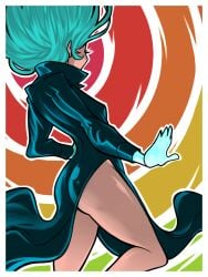 ass black_dress dress female floating_hair from_behind glowing glowing_hands green_hair high_collar no_panties one-punch_man short_hair side_slit solo tatsumaki telekinesis voodoothur