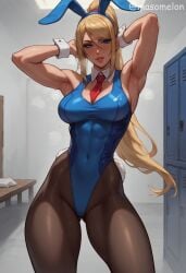 abs ai_generated armpits arms_up athletic_female bunny_ears bunnysuit highleg masomelon metroid muscular_female nintendo pantyhose samus_aran smell smelly_armpits sweat sweaty_armpits