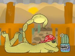 anthro arthropod bandana breasts cactus dunwichdaddy female green_eyes laying_on_ground laying_on_stomach nude scorpion yellow_body yuma_(dunwichdaddy)