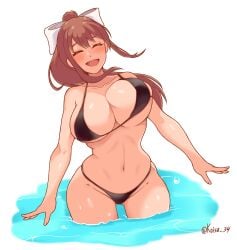 1girls belly_button big_breasts bikini blush bouncing_breasts breasts closed_eyes doki_doki_literature_club eyes_closed female female_only hair_bow hourglass_figure koisa_34 midriff monika_(doki_doki_literature_club) navel open_mouth open_smile smile smiling smiling_at_viewer solo solo_female tagme water white_bow wide_hips