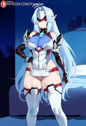 ai_generated blue_eyes core_crystal hand_on_hip kos-mos large_breasts long_hair looking_at_viewer primosan pussy_juice red_eyes revealing_clothes standing xenoblade_(series) xenoblade_chronicles_2