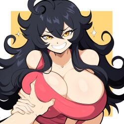 1boy 1boy1girl ai_generated black_hair breasts_grab female grin groping guided_breast_grab huge_breasts mullon novelai original original_character pov_hands sorceress_sophia voluptuous yellow_eyes