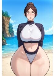 1girls ai_generated beach bikini_bottom blush breasts brown_hair crop_top curvy embarrassed female female_only gardener_ai hair_bun highleg_bikini hourglass_figure jujutsu_kaisen kuroi_misato large_breasts long_sleeves midriff navel no_shorts open_mouth outdoors pony_diffusion_xl seaside short_hair single_hair_bun solo stable_diffusion swimsuit thick_thighs turtleneck wide_hips