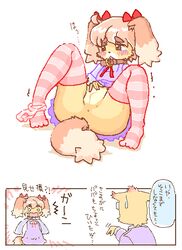 anus blush brown_eyes canine clothing comic dress female itou_sora japanese_text kin-shun legwear male mammal open_mouth panties panties_around_one_leg pussy shocked stockings striped striped_legwear striped_stockings stripes sweat sweatdrop text translation_request underwear