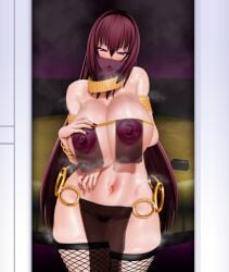 1girls alternate_costume bedroom belly belly_dancer big_breasts breast_curtains condom_box dancer_outfit fate/grand_order fate_(series) fishnets harem_girl harem_outfit negakura_imu older_female pasties pelvic_curtain pubic_hair scathach_(fate) slave_outfit tongue_out veil