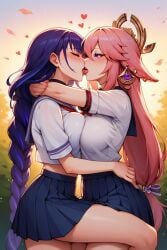 ai_generated blush friends_with_benefits genshin_impact holding_each_other hoyoverse lesbian_kiss pink_hair purple_hair raiden_shogun romantic yae_miko yuri