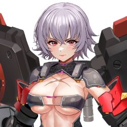 bangs big_breasts bikini_armor brown_eyes color crossed_bangs female female_focus female_only game_cg grey_hair hair_between_eyes last_origin looking_at_viewer mechanical_arm mechanical_wings power_armor retsuna sarena_(last_origin) scar scar_on_chest serious serious_face serious_look short_hair shoulder_armor skimpy skimpy_armor skindentation spiked_hair spiky_hair taesi transparent_background underboob upper_body x_scar