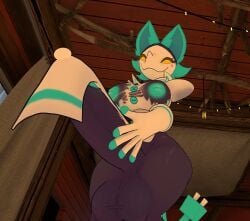 3d anthro balls blue_nipples deltarune deltarune_chapter_2 futanari grabbing_penis large_penis leaking_precum looking_at_viewer looking_down low-angle_view penis revealing_clothes ripped_clothing smirk tagme tasque_manager_(deltarune) vrchat wide_hips yellow_eyes