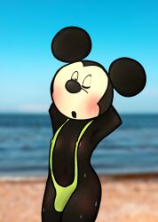 anthro aroused blush breathing disney gasp horny male_only mickey_mouse mouse nipples open_mouth public_domain relaxed solo_male standing stomach sweat sweatdrop thong tight_fit