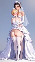 1girl1boy 2d ai_generated embarrassed embarrassed_nude_femboy femboy feminine_male feminization futanari hugging_from_behind sissy small_breasts stockings wedding wedding_dress