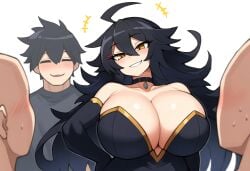 3boys ai_generated black_hair cleavage dat_ass female forest huge_breasts low-angle_view mullon novelai original original_character pussy smile sorceress sorceress_sophia sweatdrop voluptuous