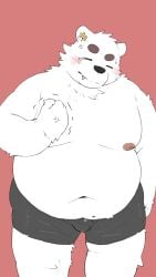 2024 angry anthro bear belly big_belly blush bulge closed_eyes clothing ear_piercing ear_ring hi_res kemono male mammal menmen_kesinn moobs navel nipples overweight overweight_male piercing polar_bear ring_piercing simple_background solo underwear ursine